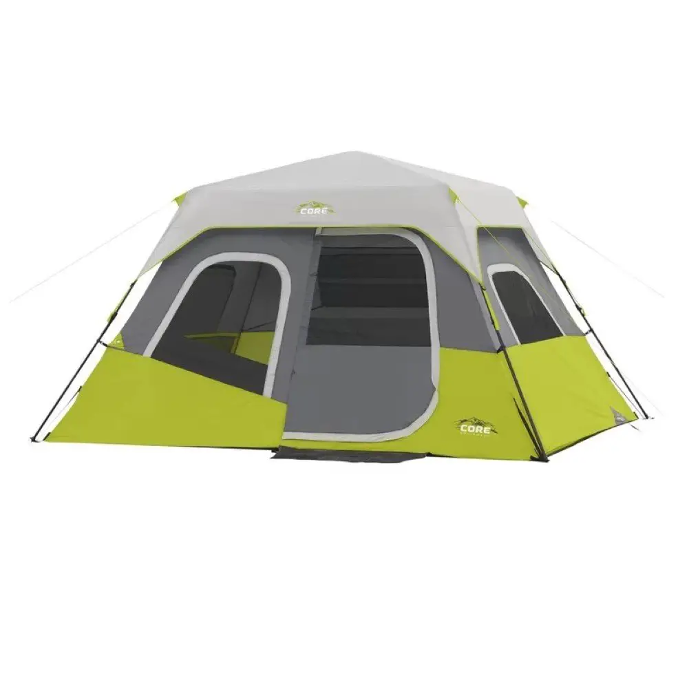 greenish yellow tent with white canopy