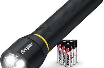 black Energizer flashlight propped up on a back of batteries