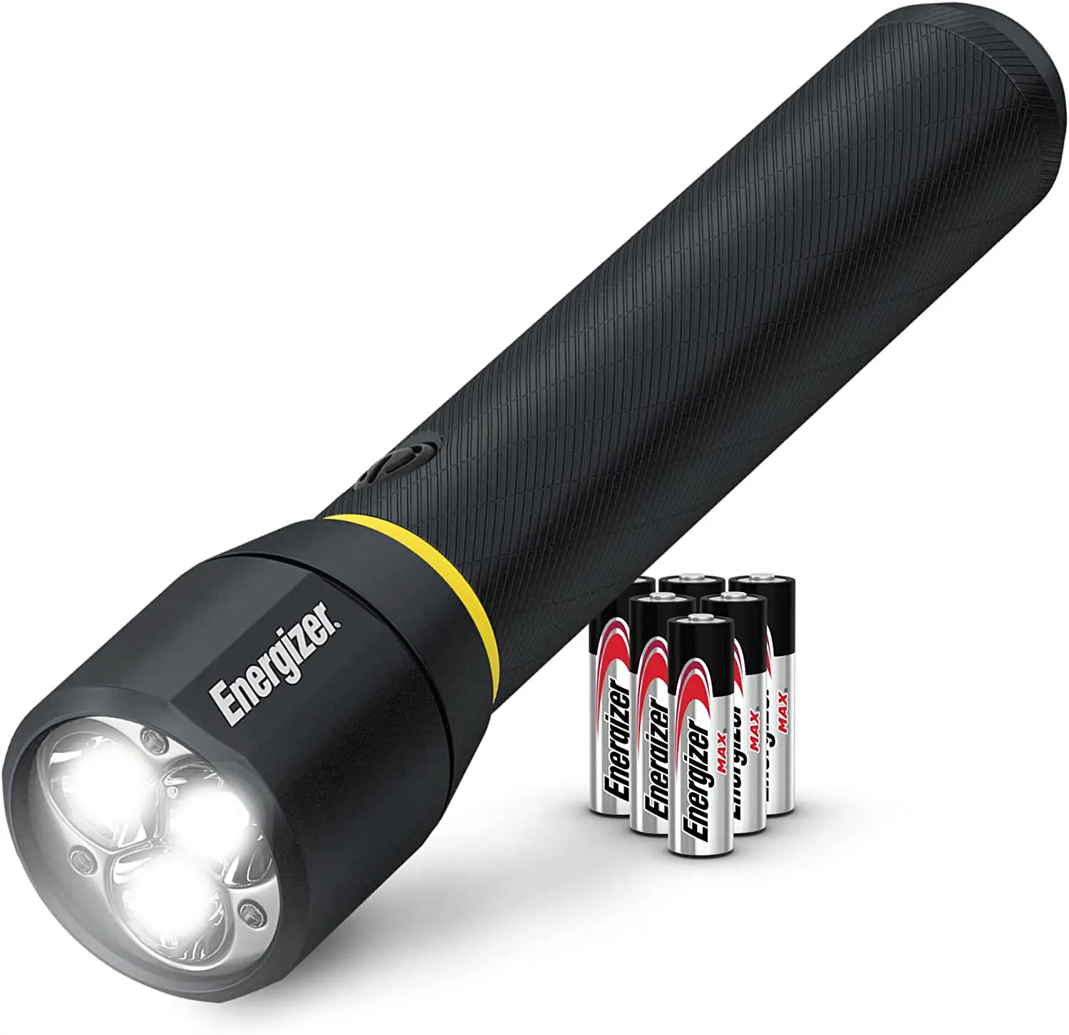 black Energizer flashlight propped up on a back of batteries