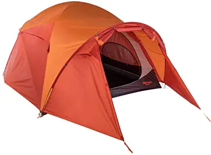 orange Marmot Halo 6P tent with vestibule