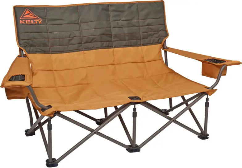 brown and tan loveseat for camping