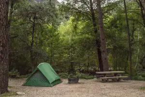 green tent by firepit and picnic table