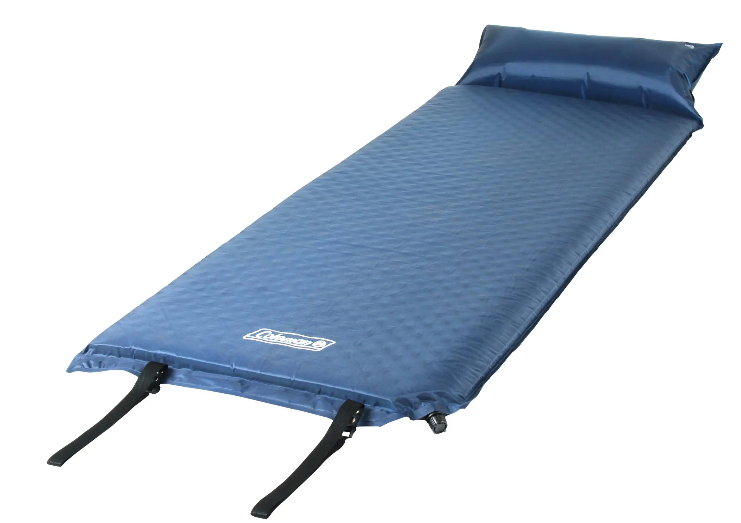 blue camp mat with black straps