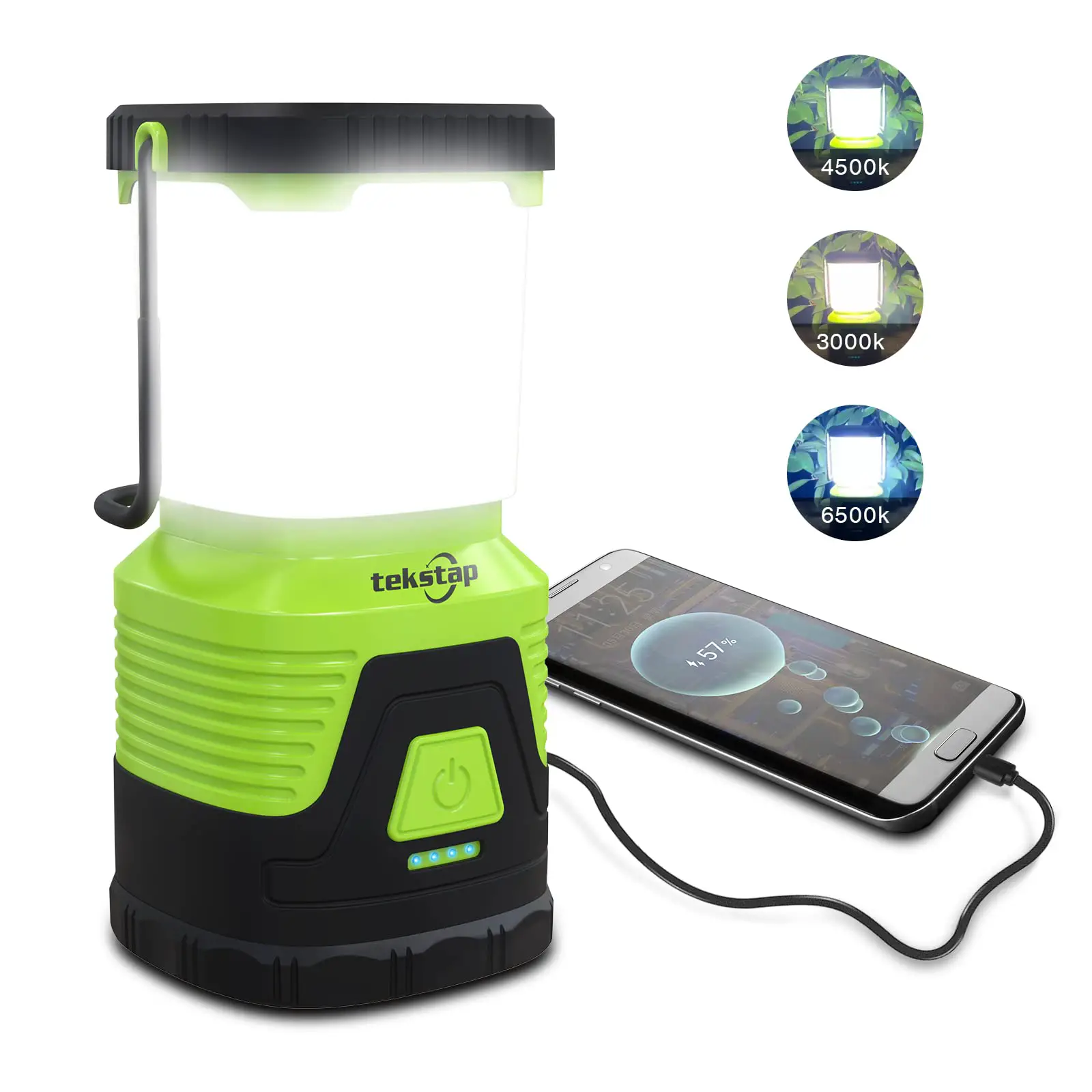 green and black tent lantern with charger