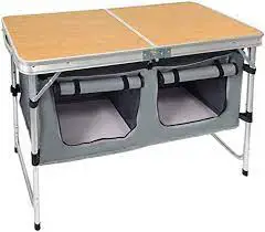CampLand foldable camp table with gray storage compartments and roll up openings