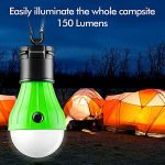lime green and white camping light with lit up tents in background