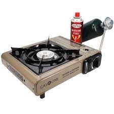 one burner tan and black dual fuel camp stove