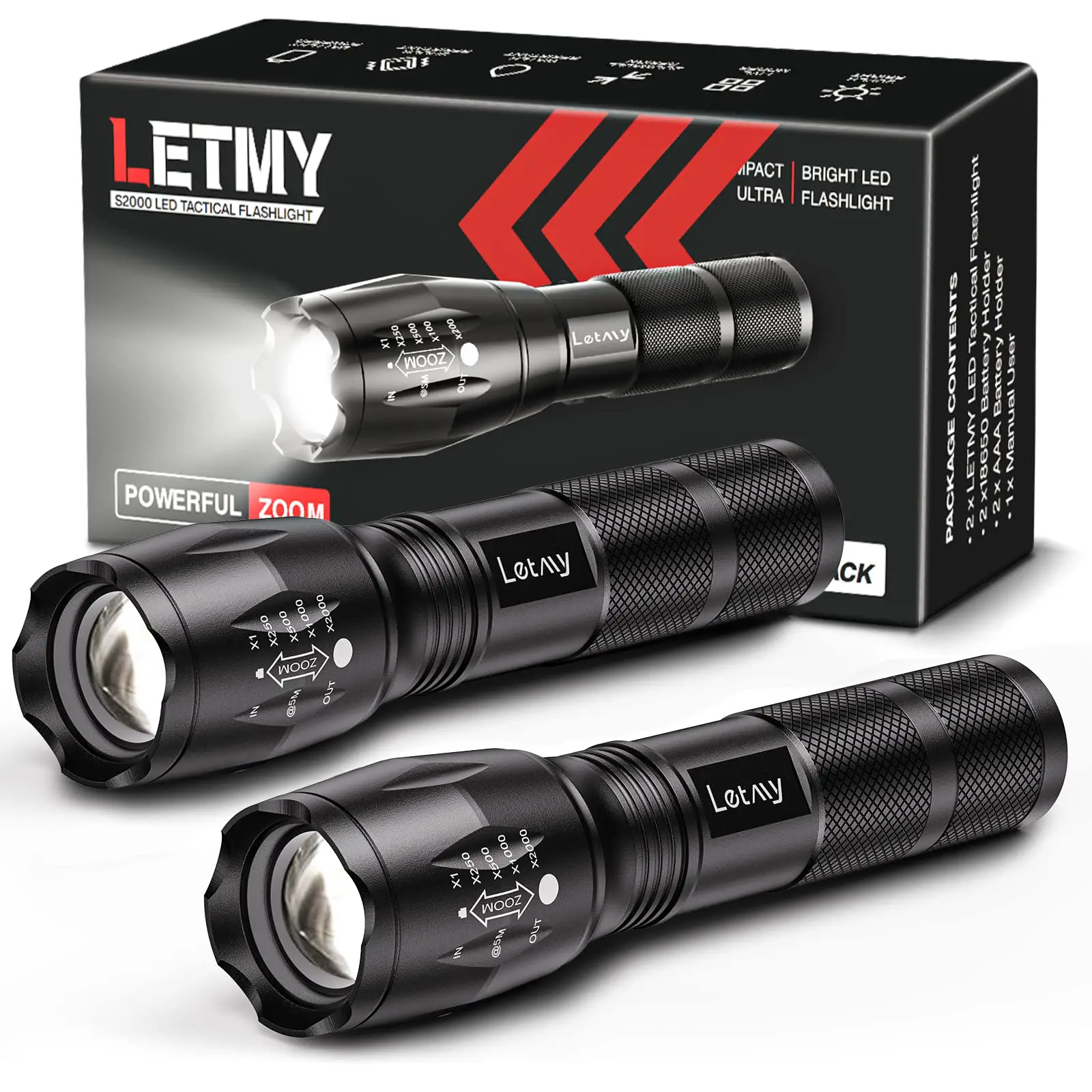 2 black Letmy flashlights in front of black product box
