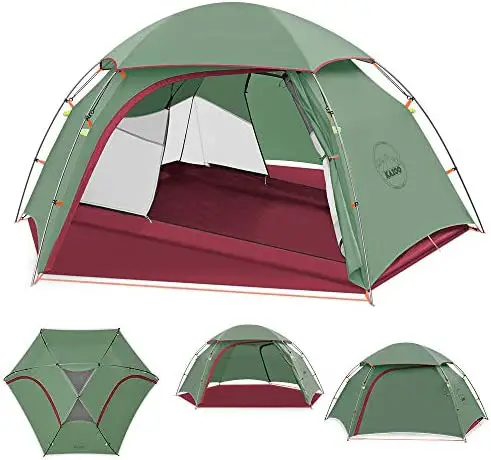 green and maroon tent shown from front, top, and side