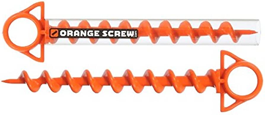 two orange tie down screws for camping