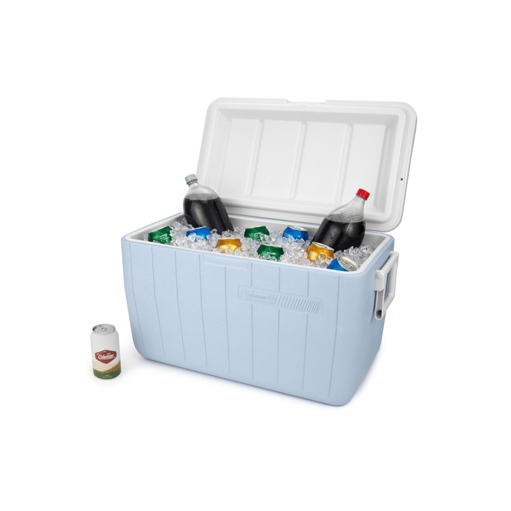 Coleman cooler opened with bottles and cans inside