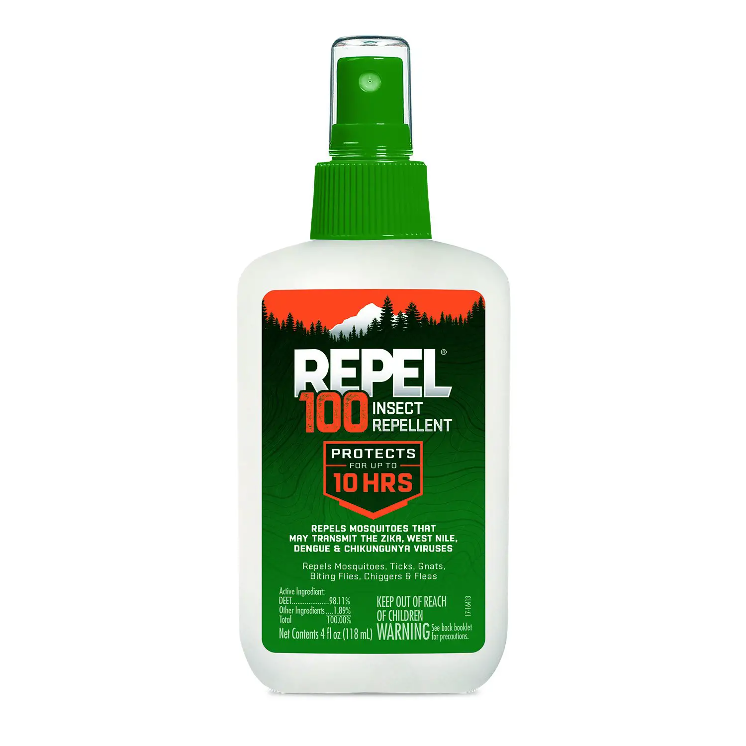 plastic bottle of insect repellant with green white and orange colors