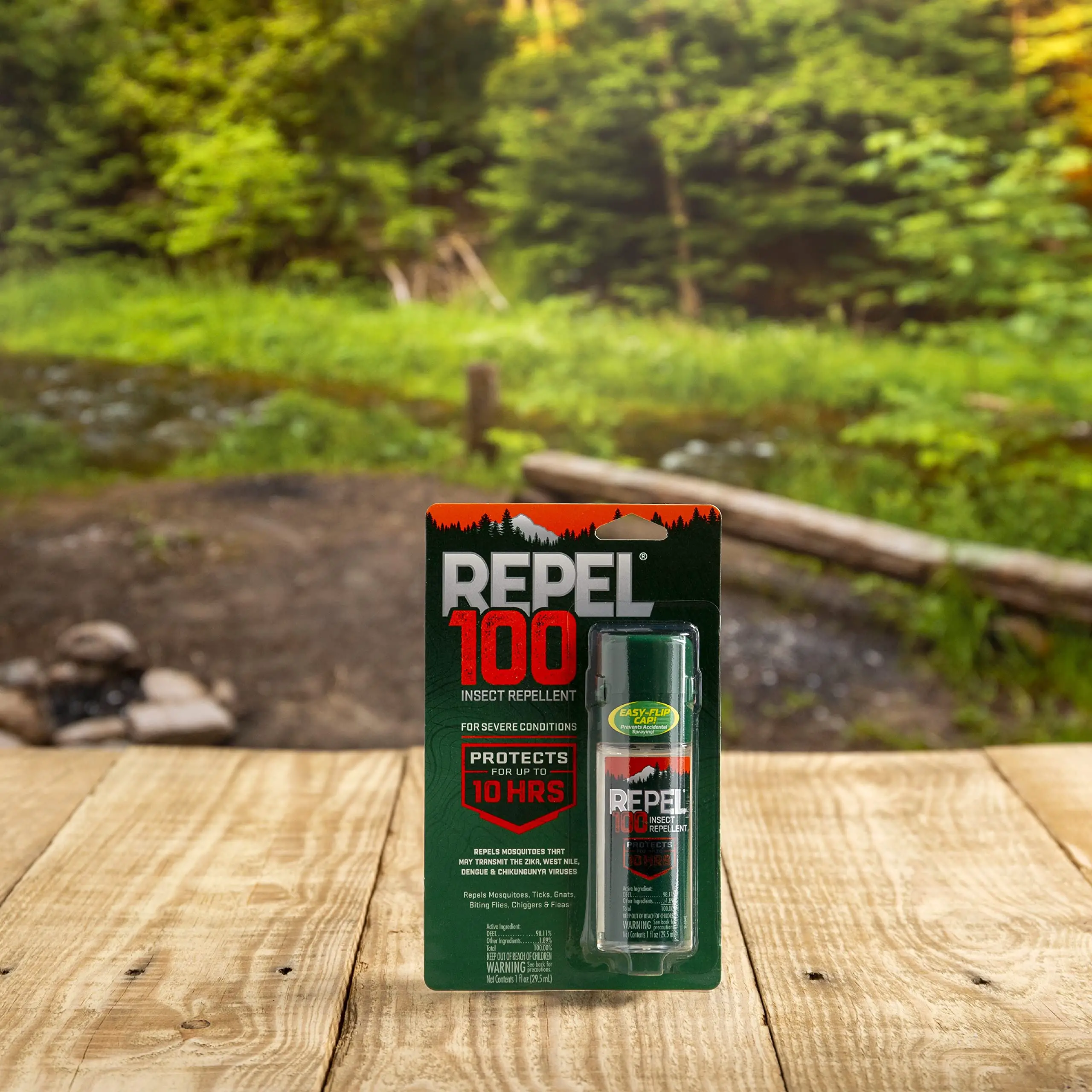 Repel 100 bug dope sitting on wood deck